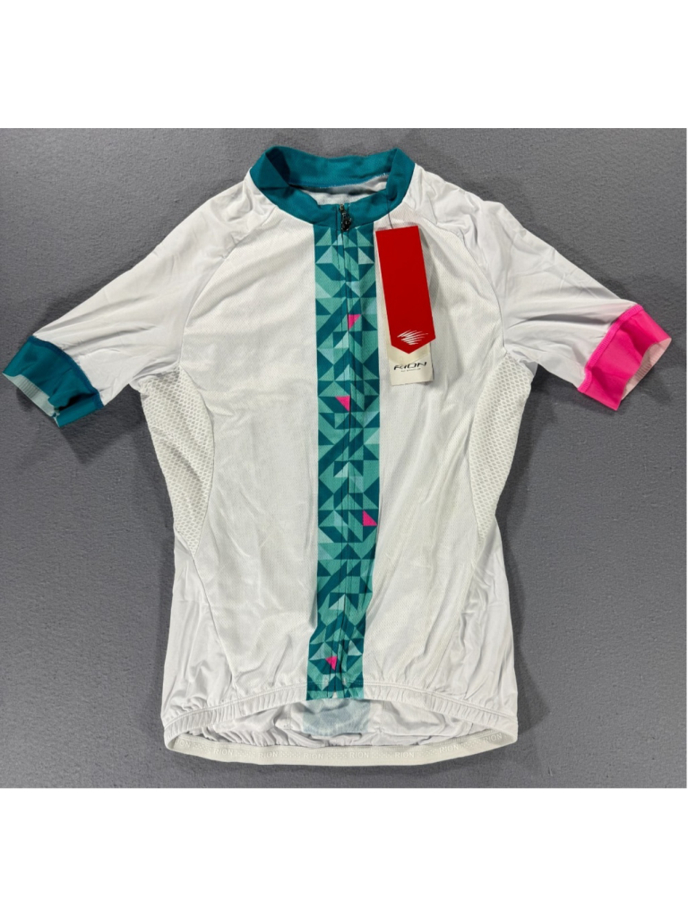 RION Sports Women's Cycling Jersey Size L Teal Pink Geometric Short Sleeve NWT